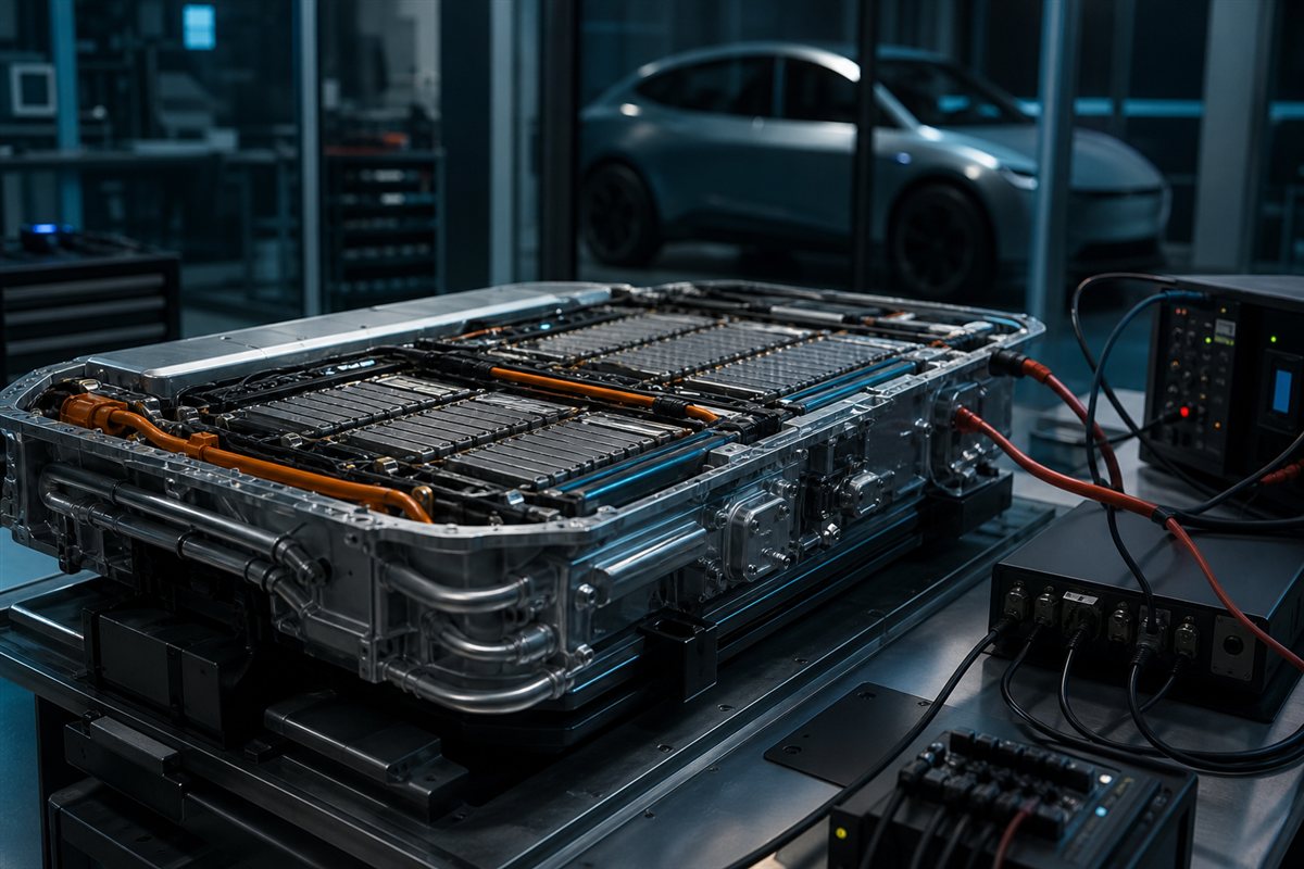 Electric vehicle battery pack undergoing diagnostic testing