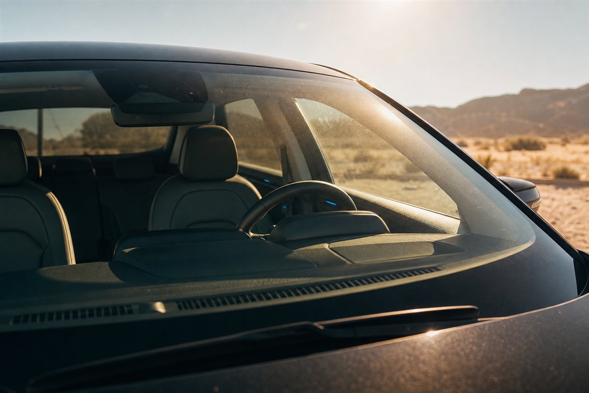 Electric vehicle cabin parked in intense summer sunlight