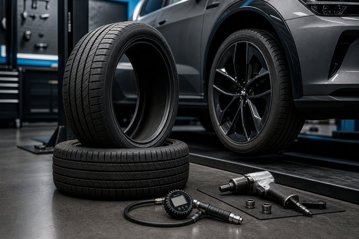 Electric vehicle tires and pressure equipment in a professional service bay