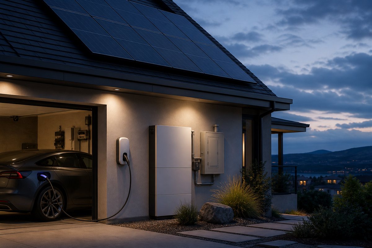 Solar-equipped home with battery storage and electric vehicle charging at blue hour