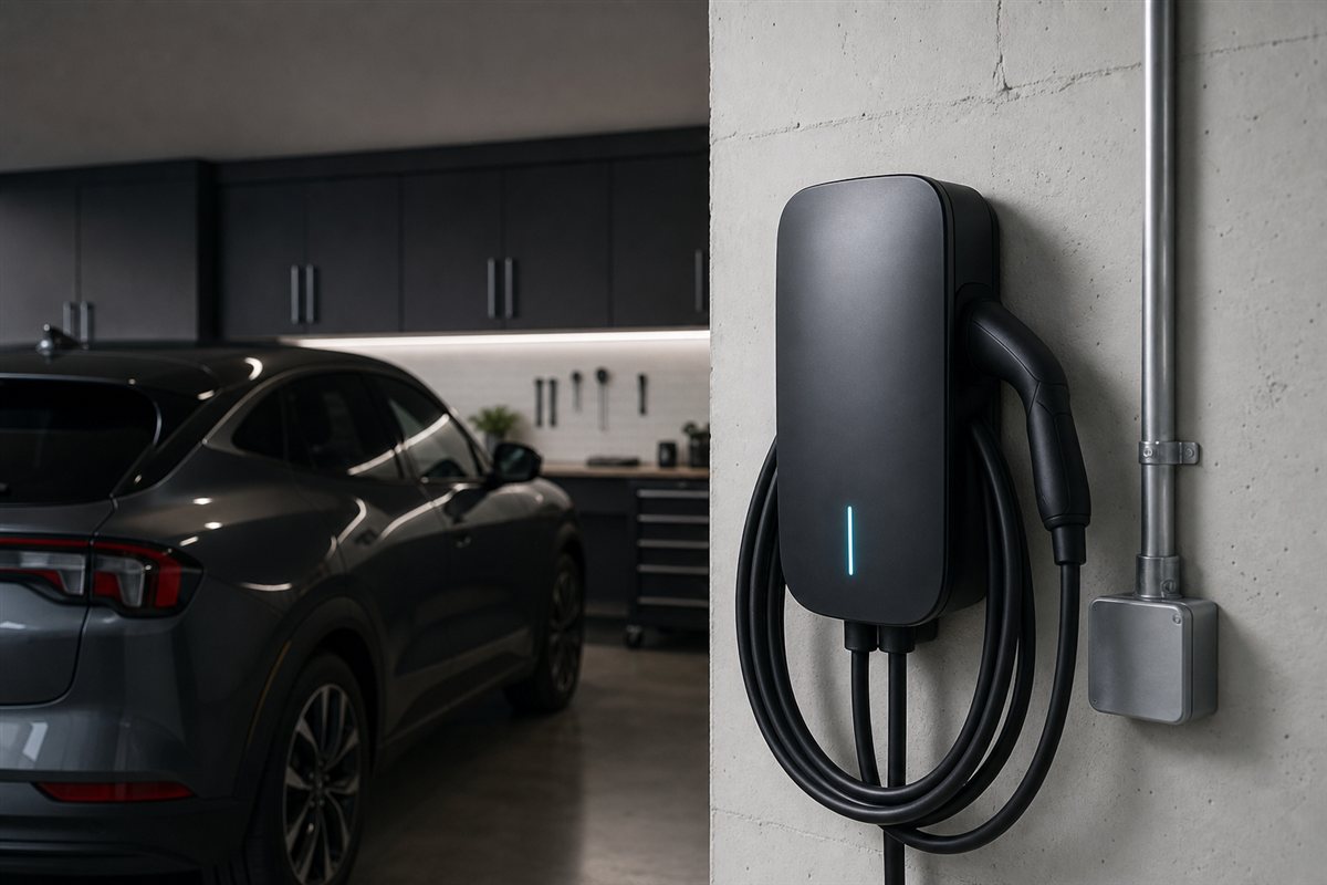 Wall-mounted Level 2 EV charger in a residential garage