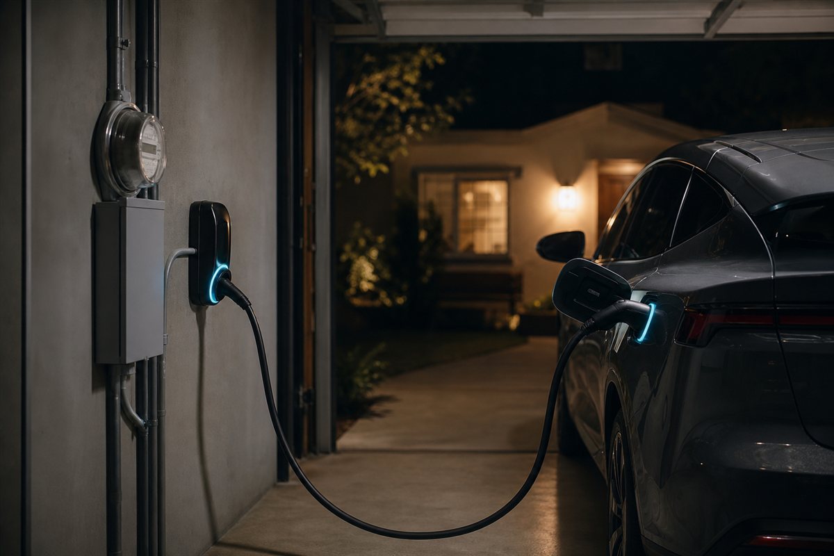 Electric vehicle charging at home beside an electric meter