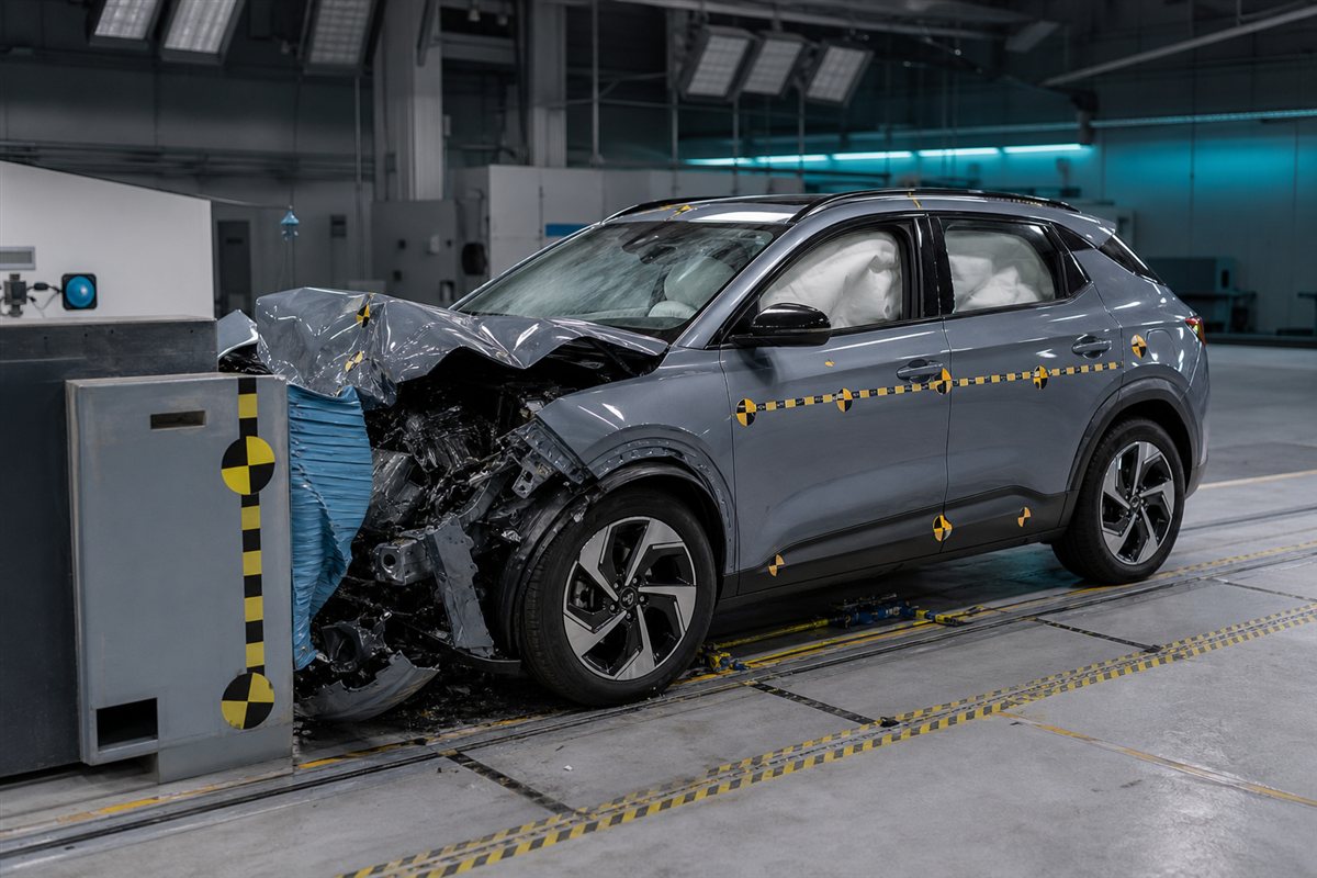 Electric crossover after a controlled crash test