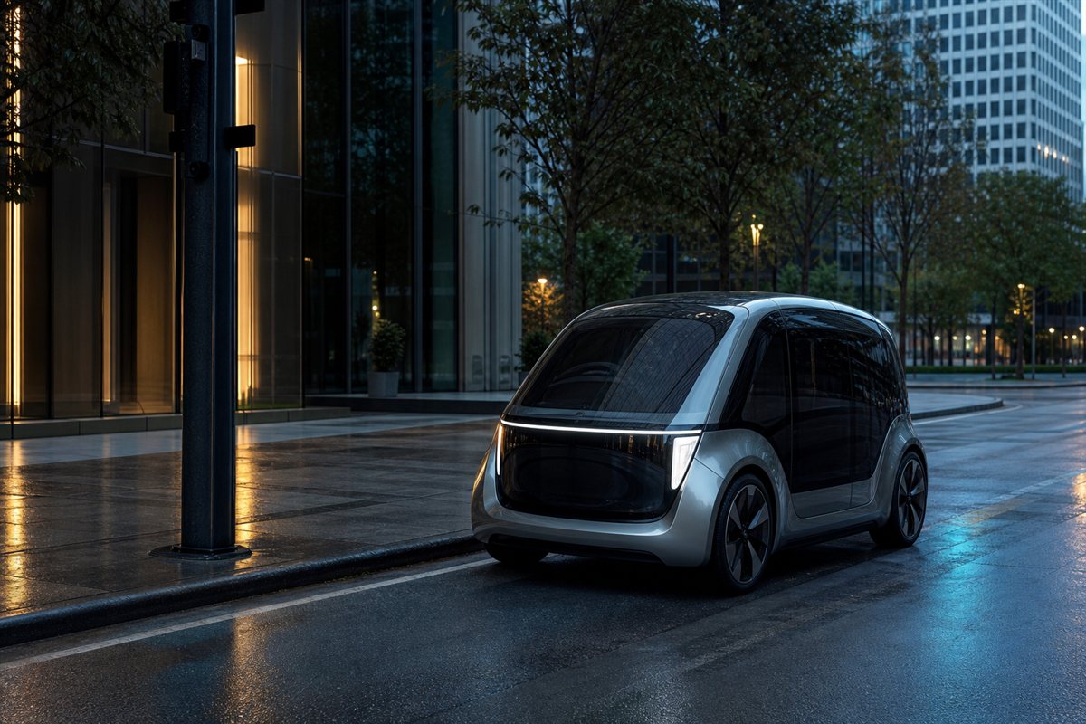 Compact autonomous electric robotaxi at a city curb