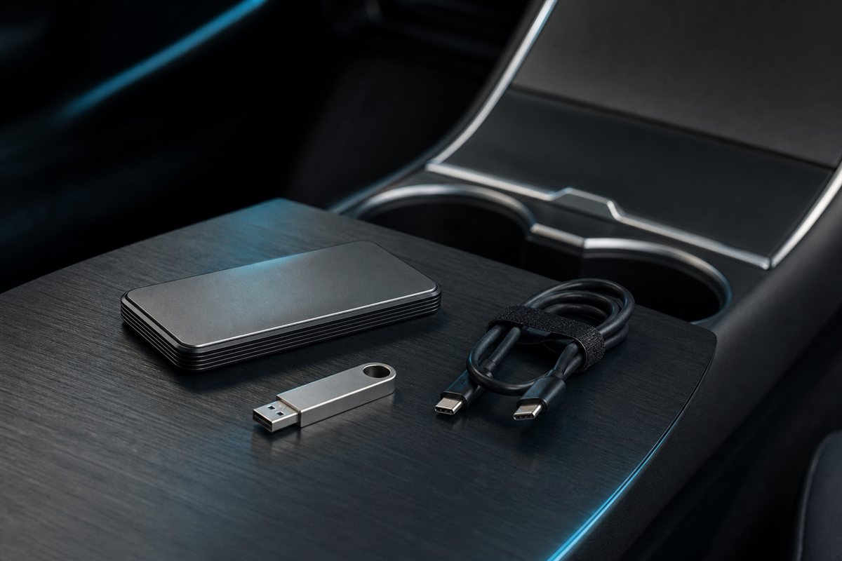 Portable SSD and USB storage beside an electric vehicle console