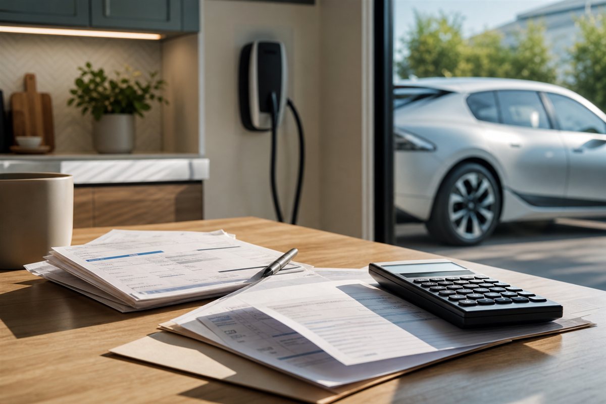 Calculator and household energy paperwork with an electric vehicle nearby