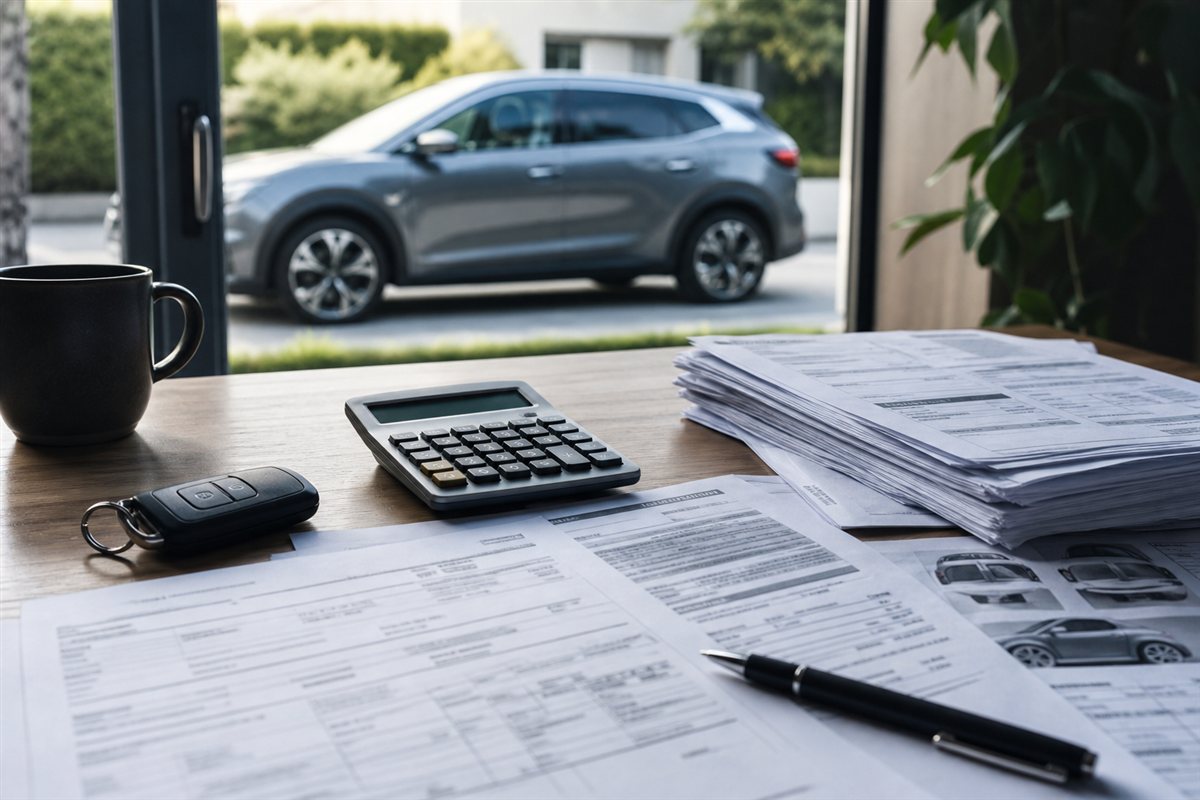 Insurance paperwork and calculator with an electric vehicle nearby