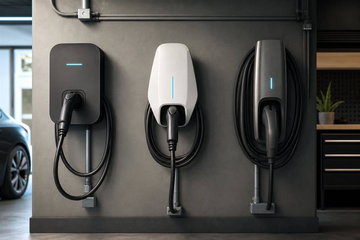 Three unbranded home EV chargers installed on a comparison wall