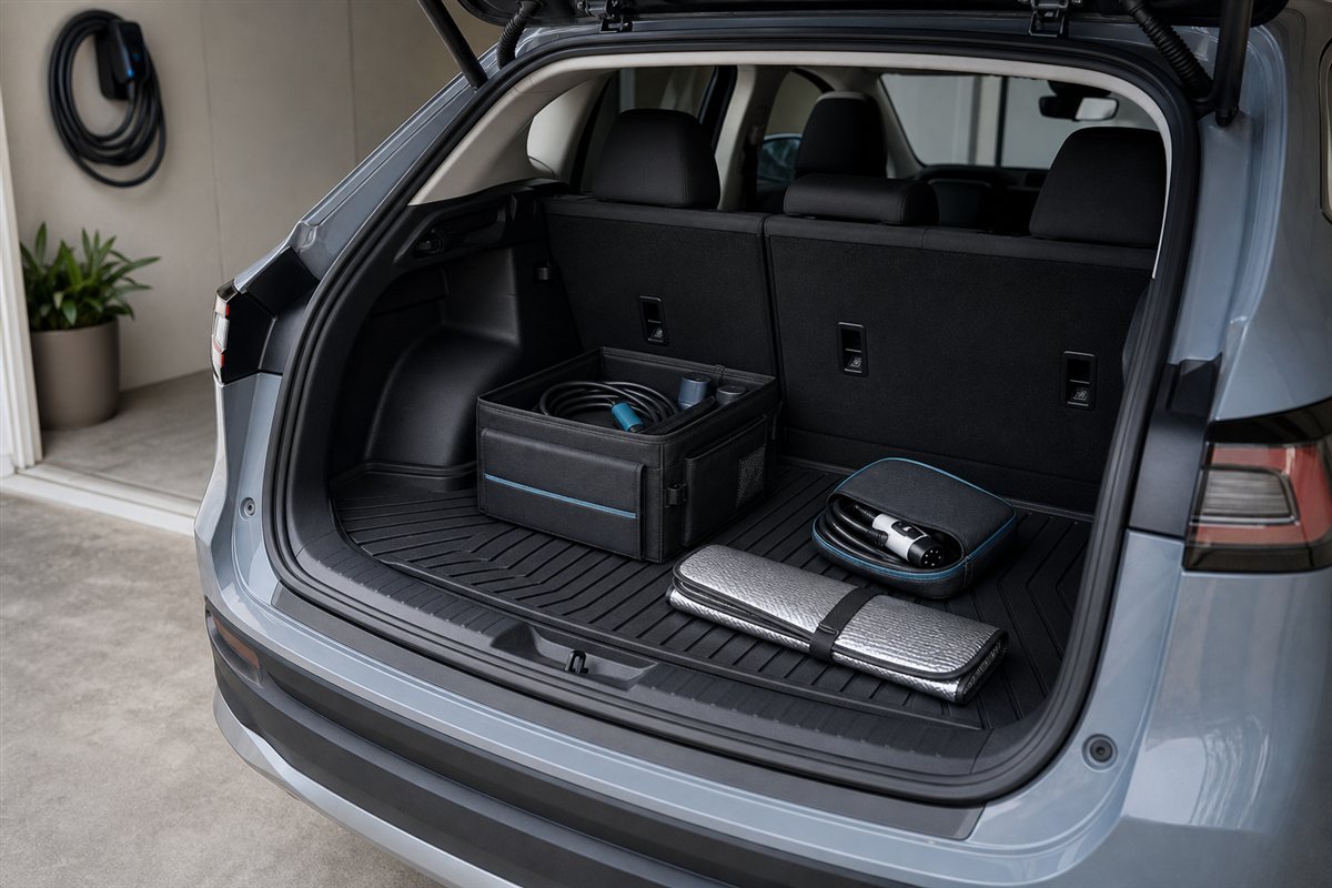 Organized EV cargo area with practical charging accessories