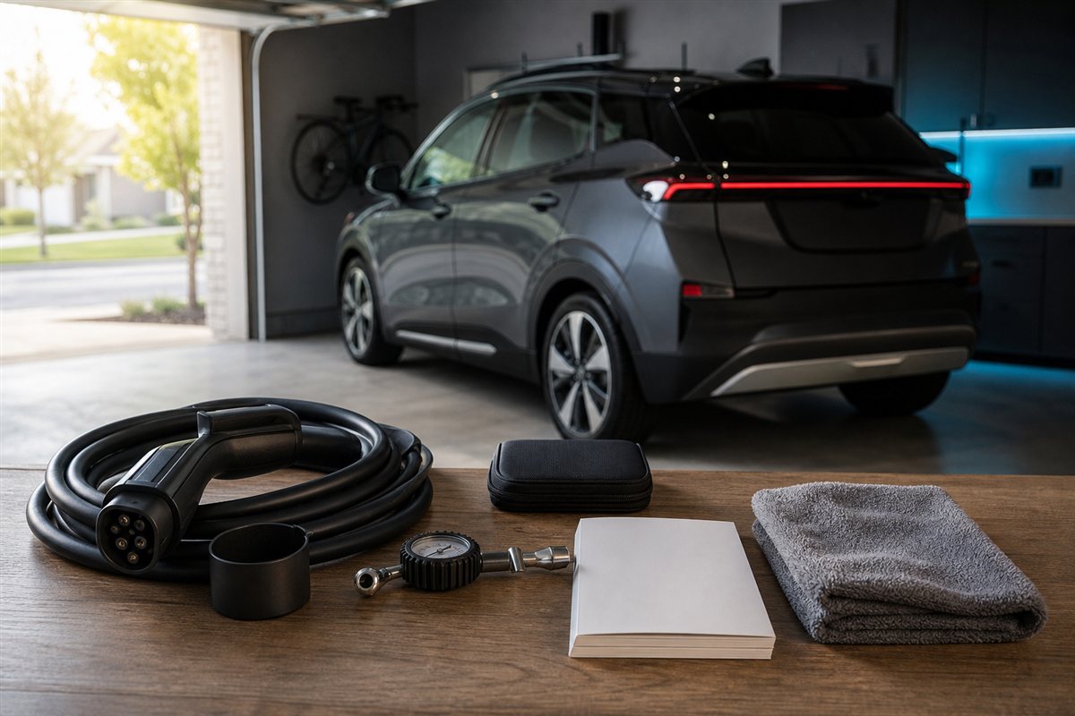 EV charging cable and owner essentials arranged in a garage