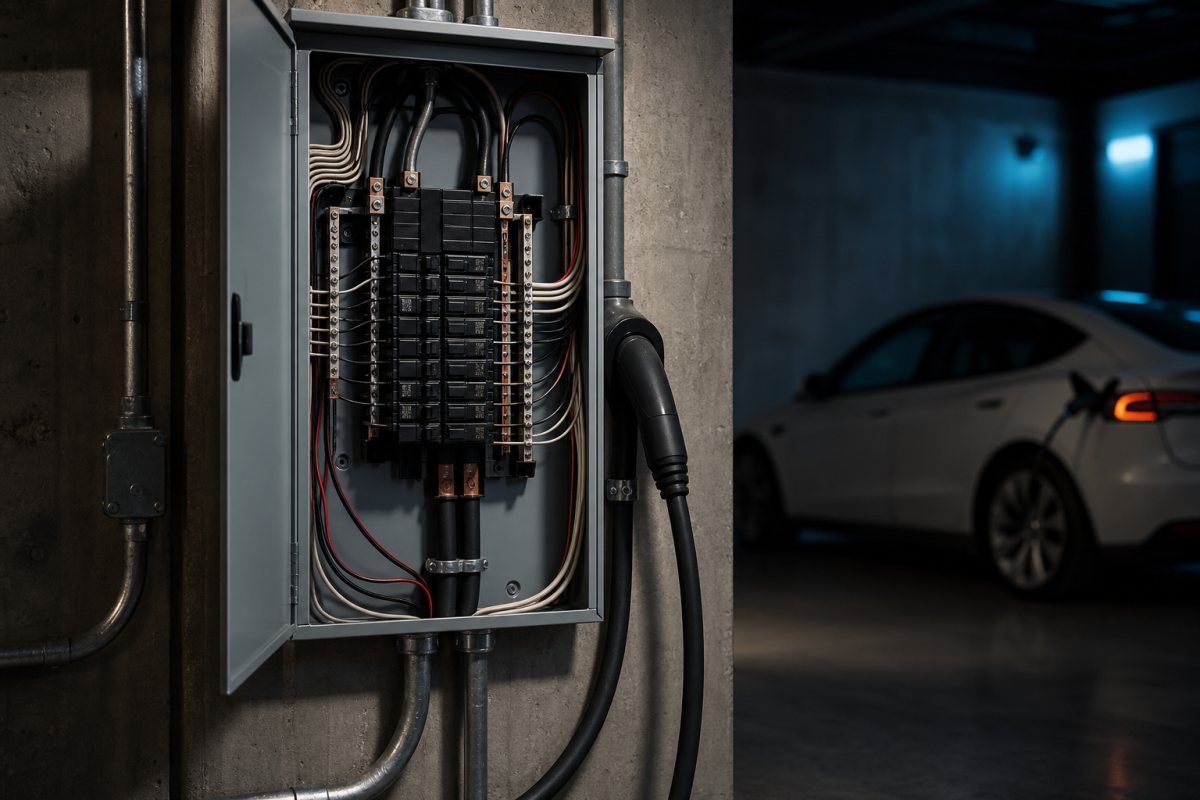 Residential electrical panel beside an electric vehicle charging cable