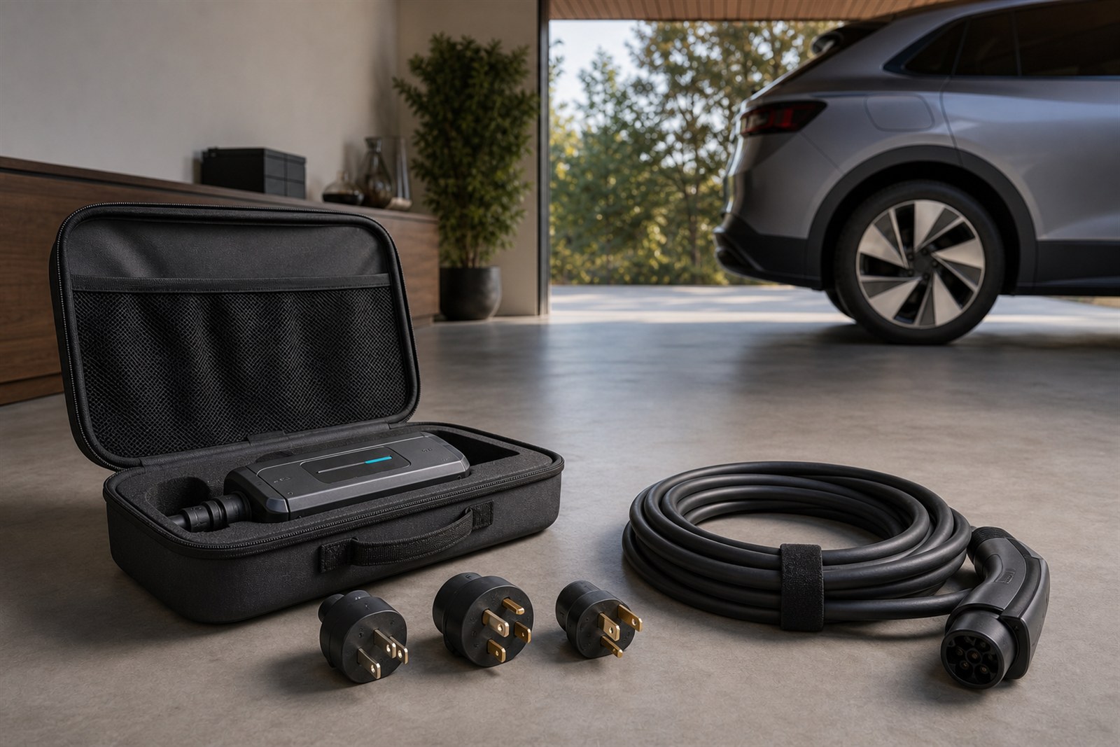 Open portable EV charging kit with a compact control box, coiled cable, carrying case and interchangeable outlet adapters