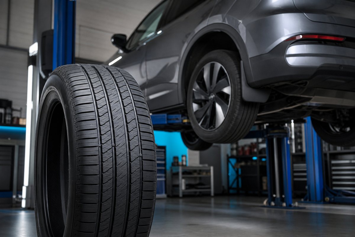 Replacement EV tire beside a crossover on a service lift