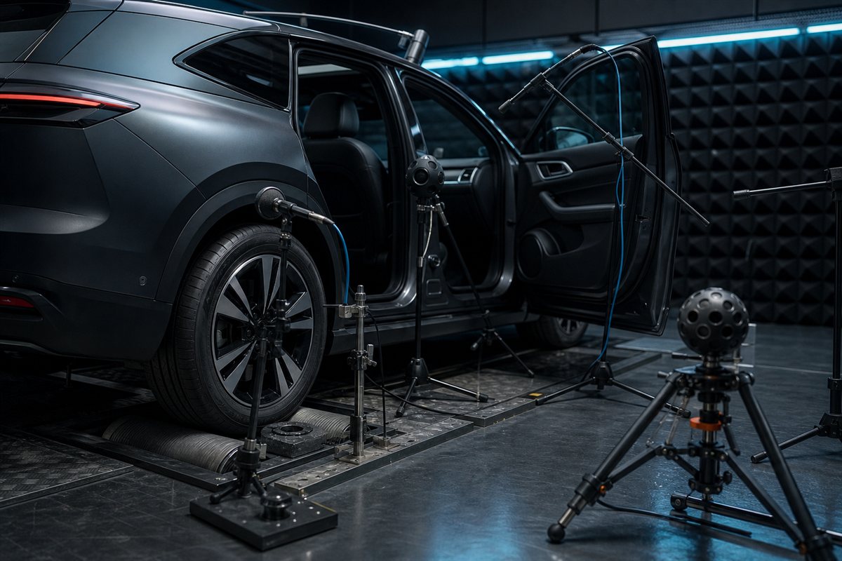 Electric crossover undergoing acoustic testing in a laboratory