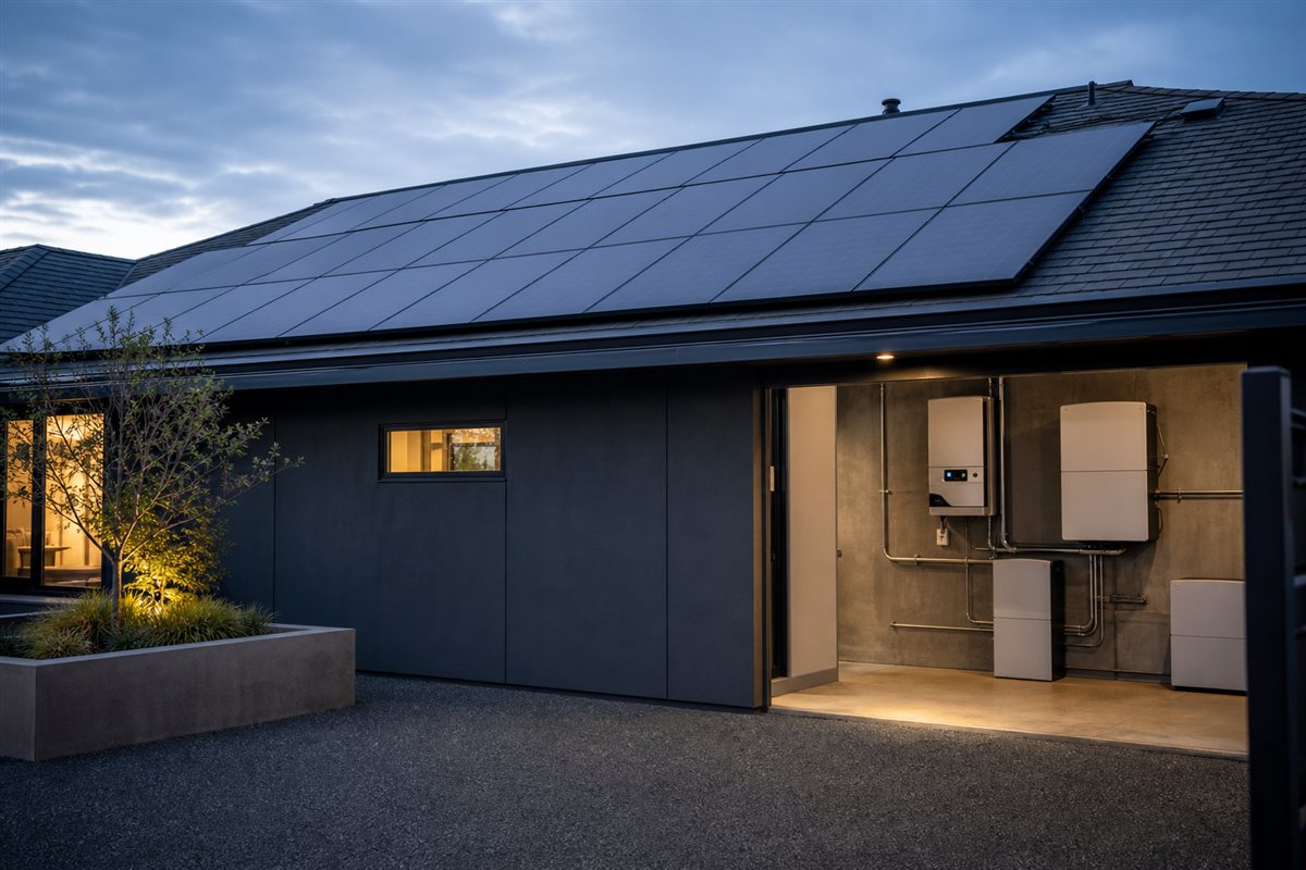 Residential solar array and battery storage installation at blue hour