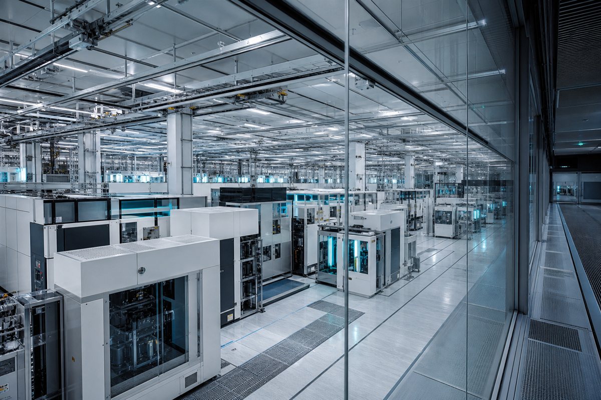 Advanced semiconductor fabrication cleanroom with industrial equipment