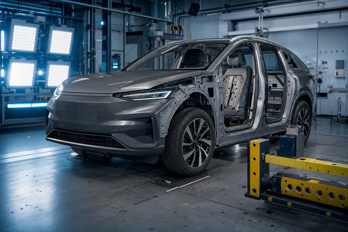 Electric vehicle structure under inspection in a safety laboratory