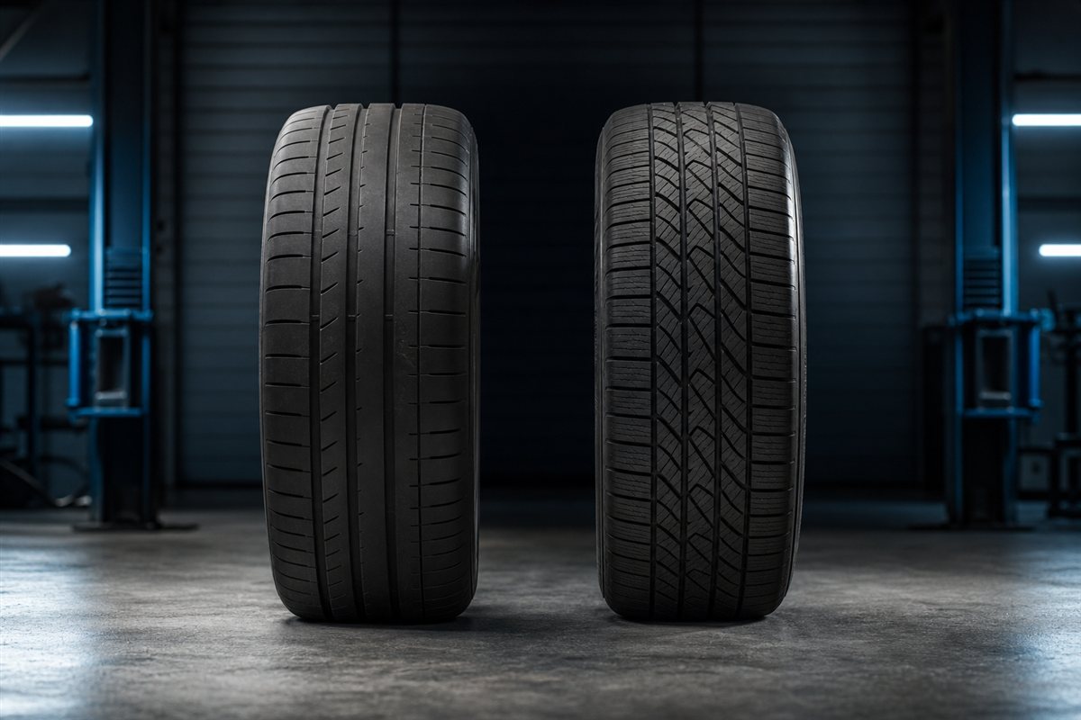 Two electric vehicle tires with contrasting tread patterns