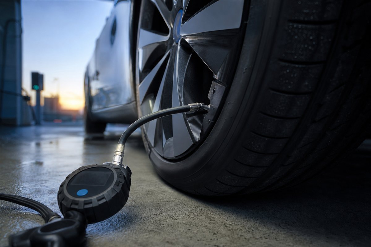 Digital tire-pressure gauge connected to an electric vehicle tire