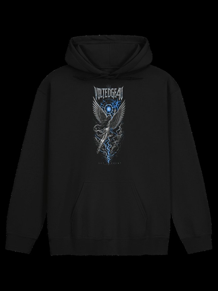 VoltEdge Get Current hoodie — black hoodie with a chrome winged figure, blue lightning, and the VOLTEDGE4U wordmark